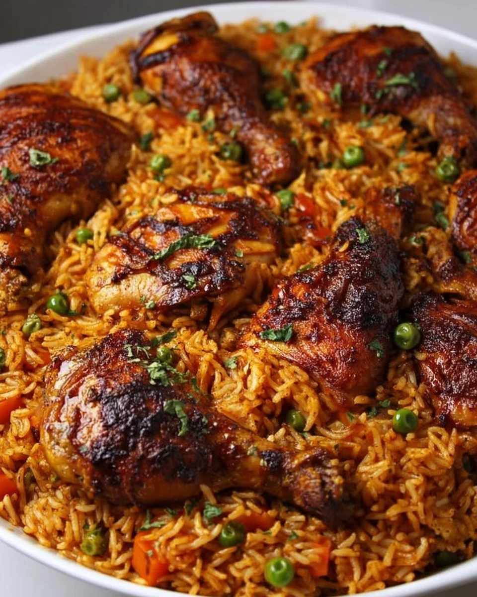 Baked Jollof Rice with Roasted Chicken