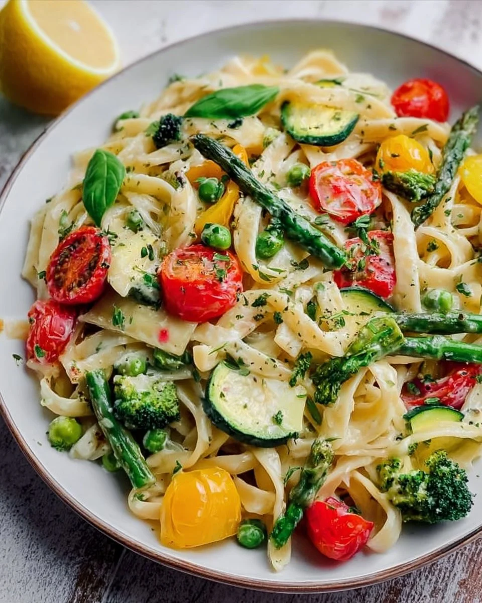 Creamy Pasta Primavera dish with colorful vegetables and creamy sauce
