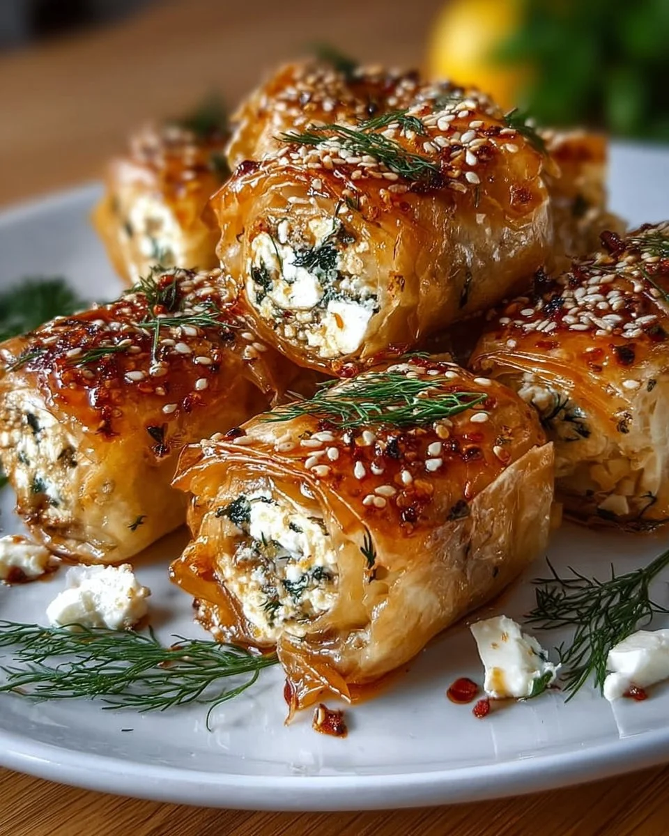 Crispy oven fried feta rolls drizzled with chili honey sauce
