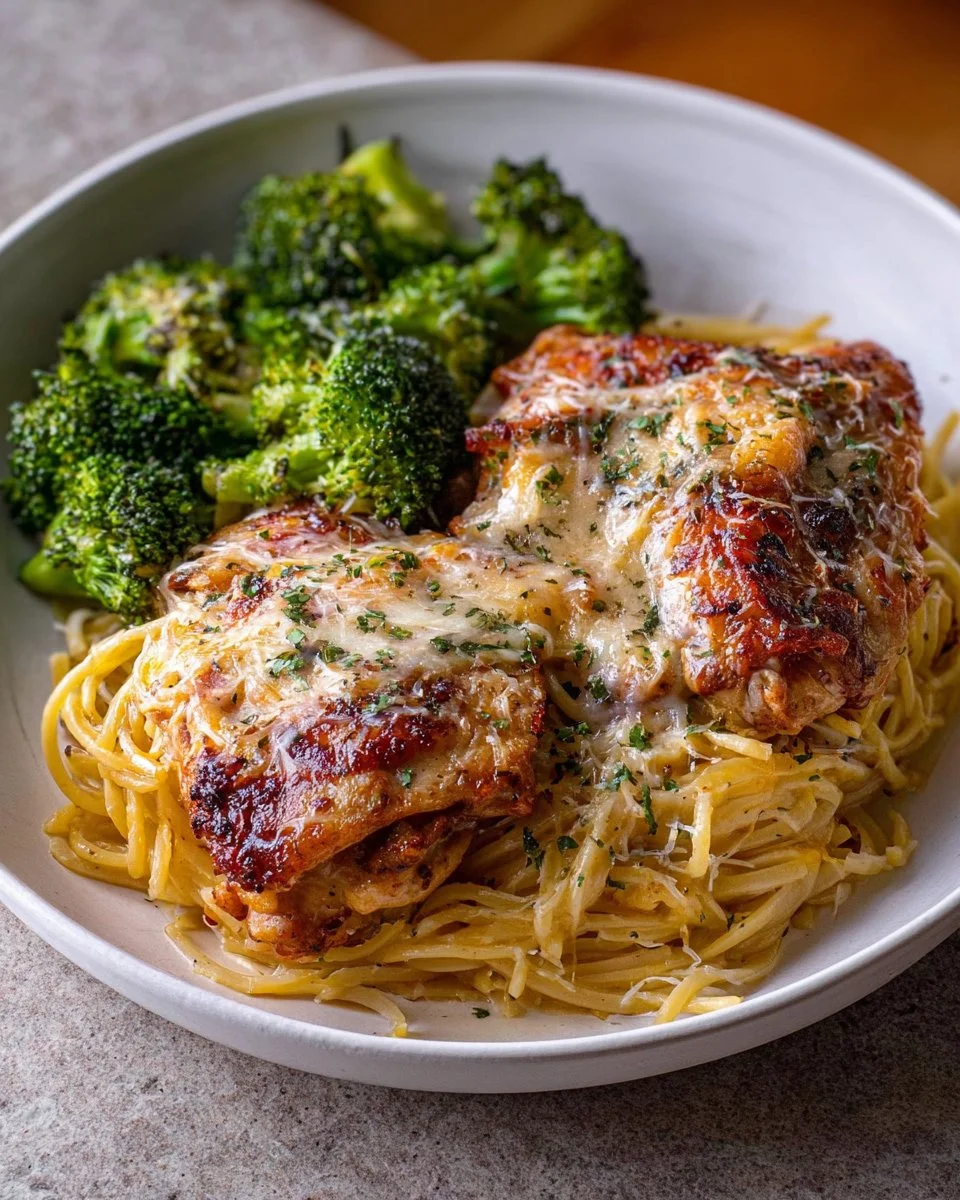 Light cheese spaghetti served with broccoli and baked chicken thighs