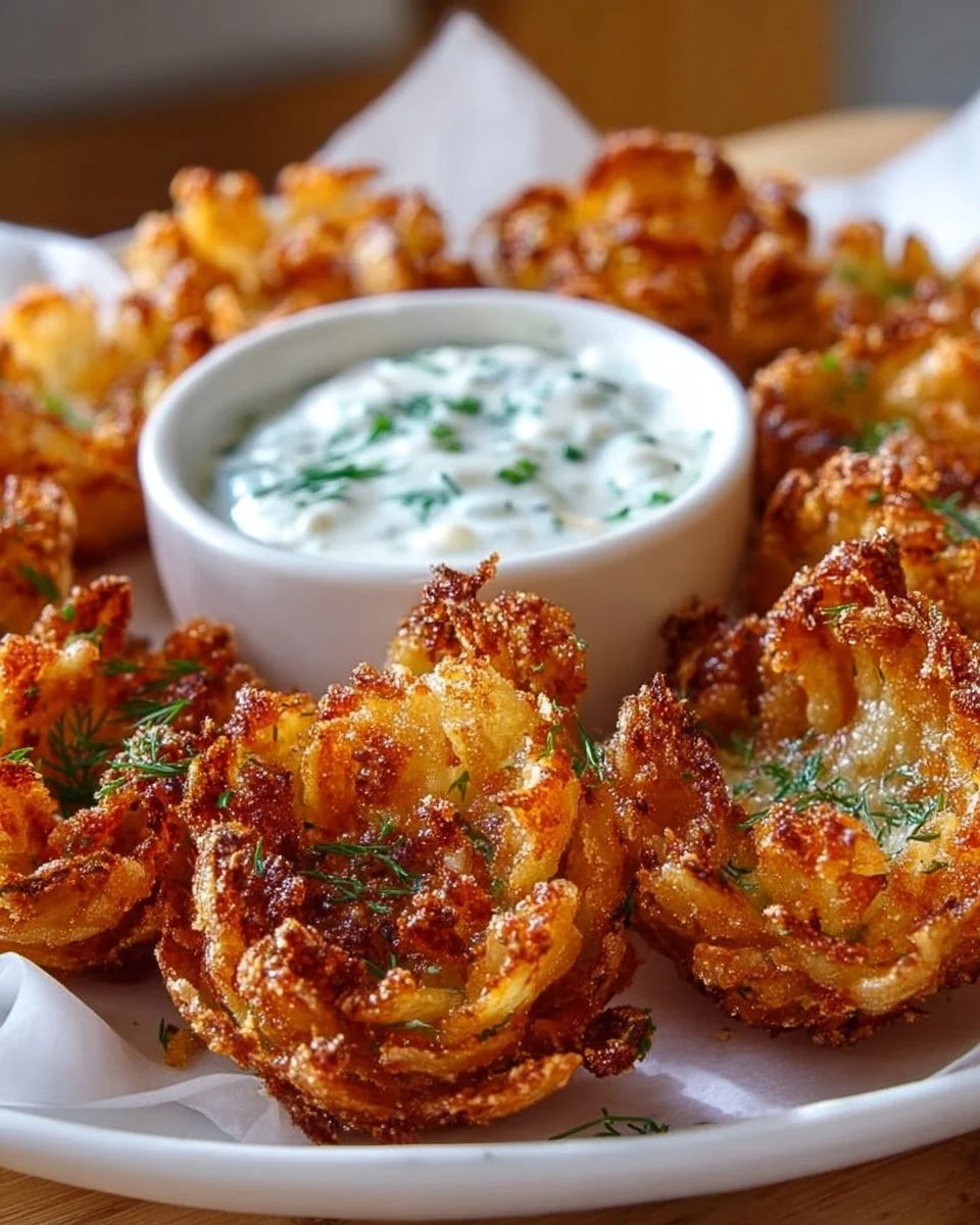 Mini Bloomin' Onions with creamy ranch dip served on a plate
