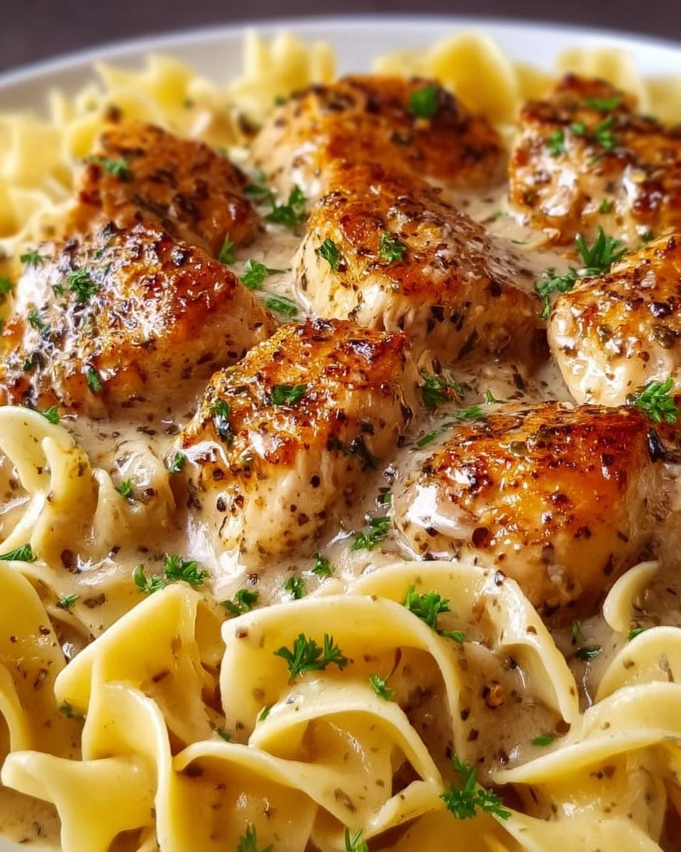 One-Pan Creamy Garlic Butter Chicken served with Egg Noodles