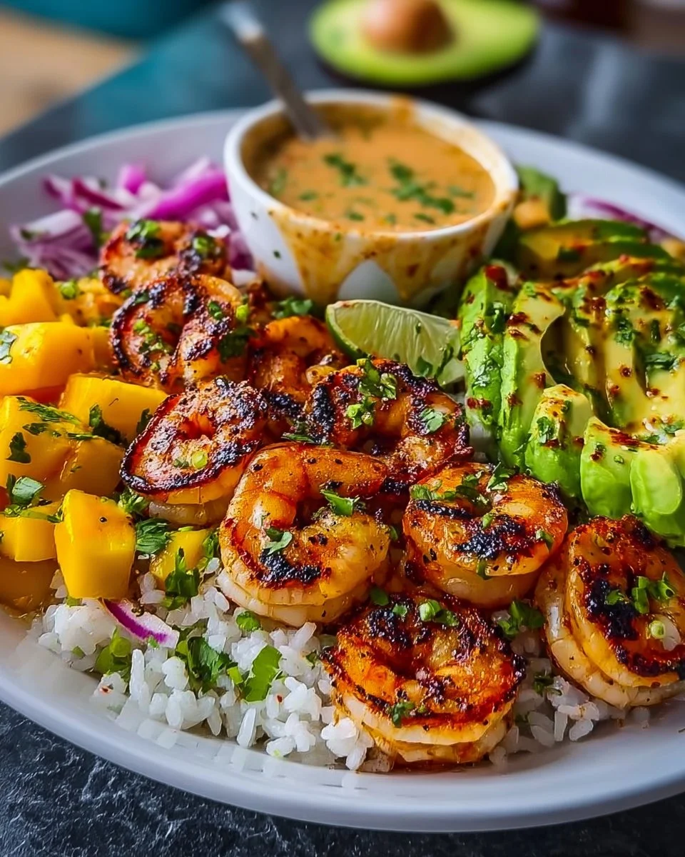 Shrimp and Avocado Bowls with Mango Salsa &amp; Lime-Chili Sauce
