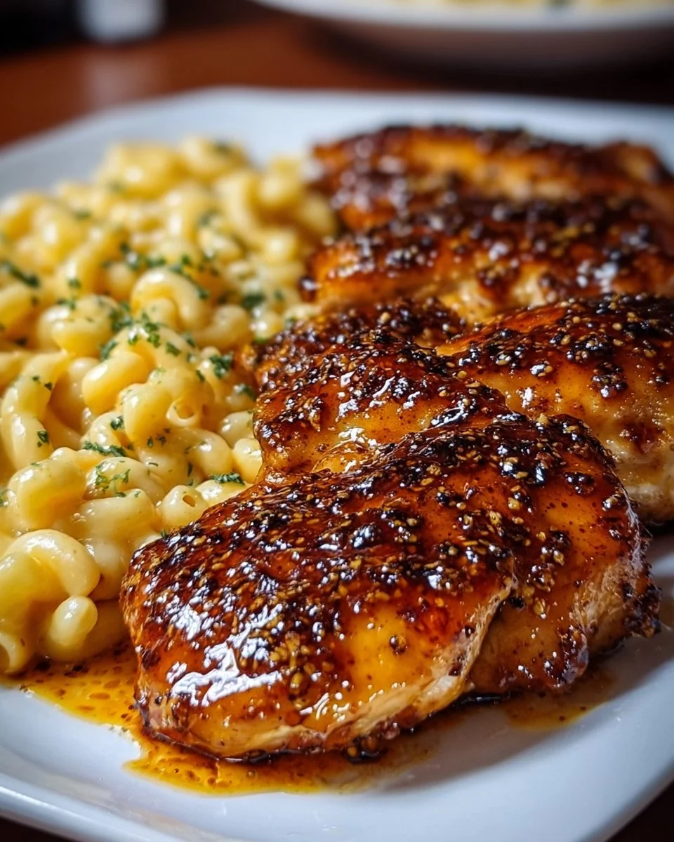 Sweet and Spicy Honey Pepper Chicken with Creamy Mac and Cheese