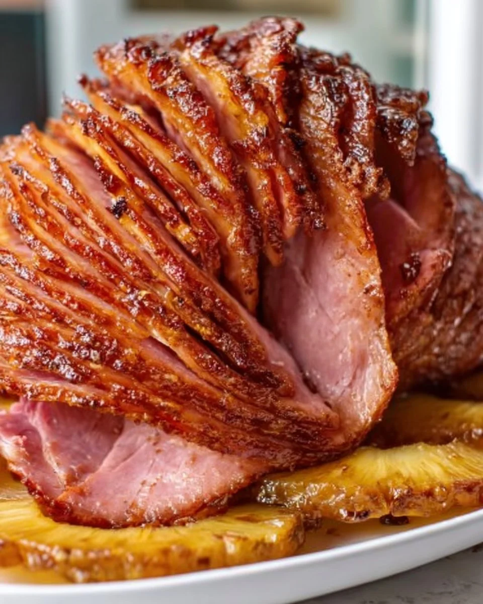 Delicious baked pineapple ham with glaze ready to serve