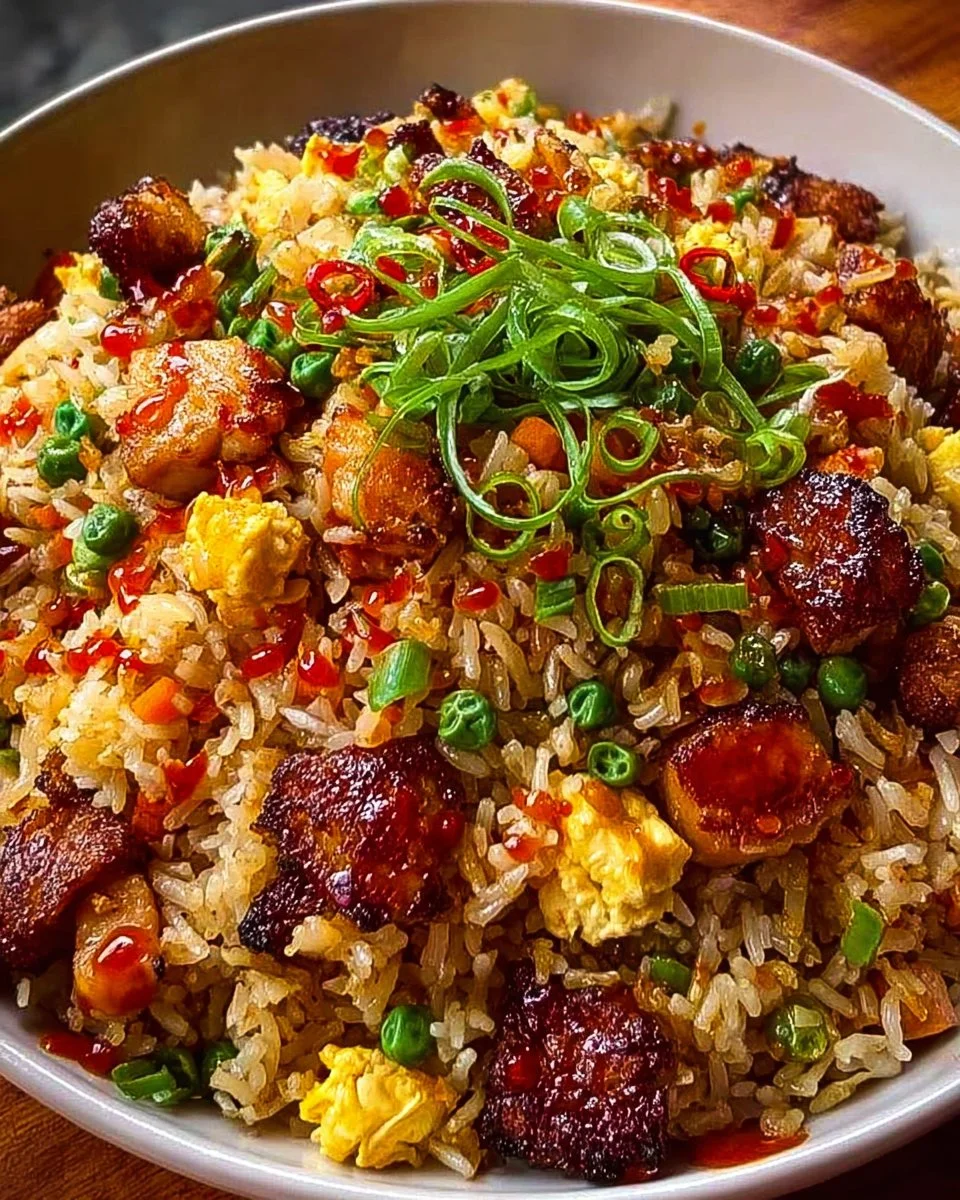 Plate of Bang Bang Fried Rice with colorful vegetables and spices