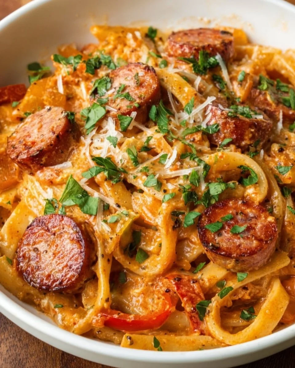Delicious Cajun Sausage Pasta with creamy sauce and spices.