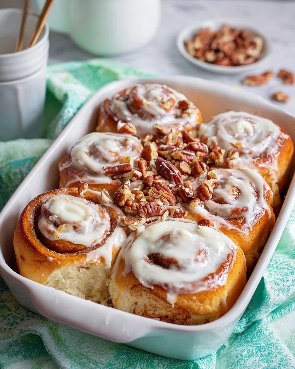 Carrot cake cinnamon rolls drizzled with cream cheese icing on a plate
