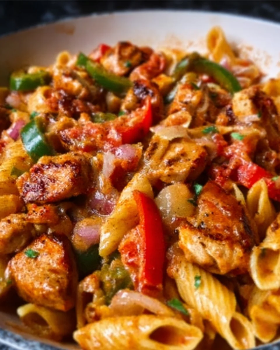 Plate of Chicken Fajita Pasta with colorful peppers and chicken slices