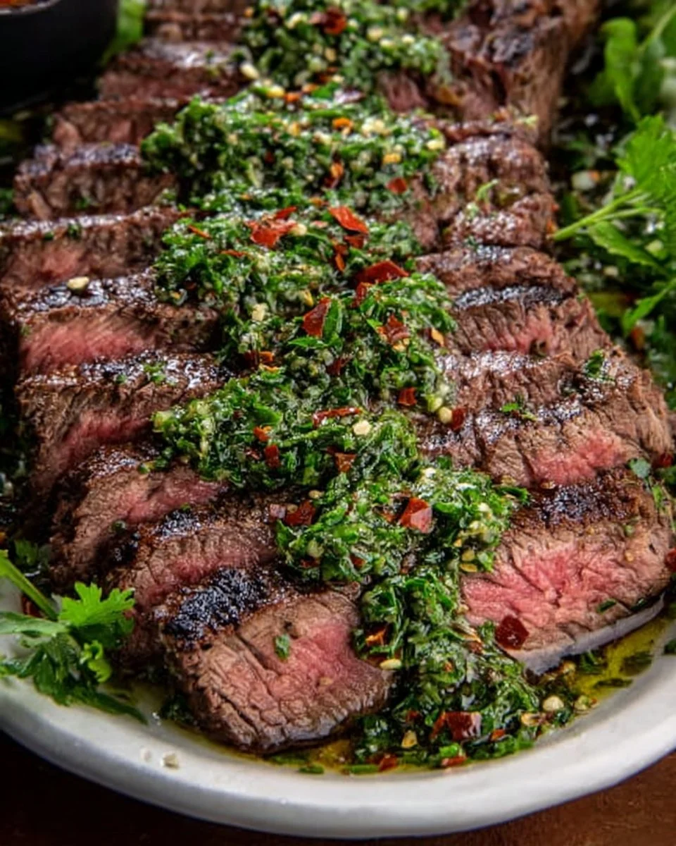 Homemade chimichurri sauce in a bowl with fresh herbs.