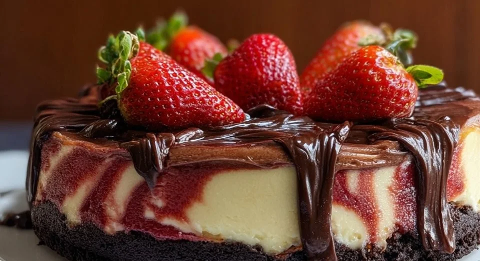 Chocolate Strawberry Swirl Cheesecake topped with fresh strawberries and chocolate drizzle