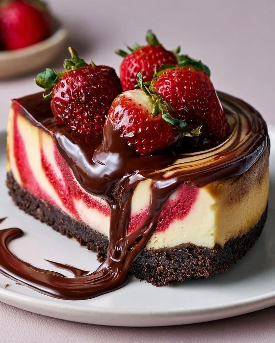 Chocolate Strawberry Swirl Cheesecake with Ganache Topping