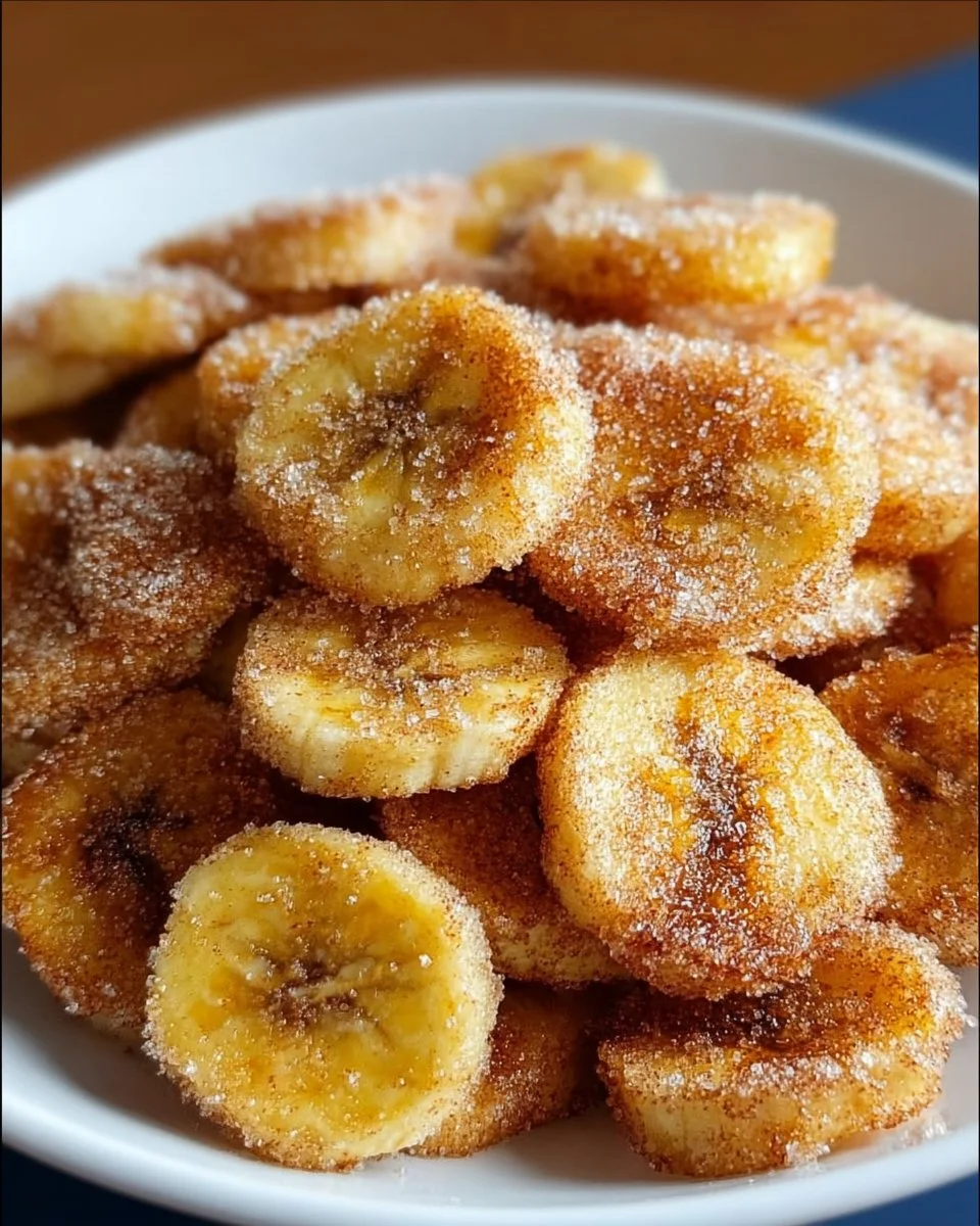 Cinnamon-sugar air fryer banana chips in a bowl, a healthy snack option