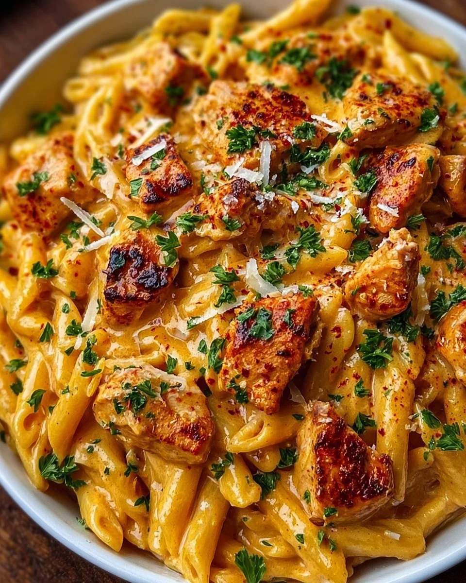 Creamy Cowboy Butter Chicken Pasta served in a bowl with fresh herbs.