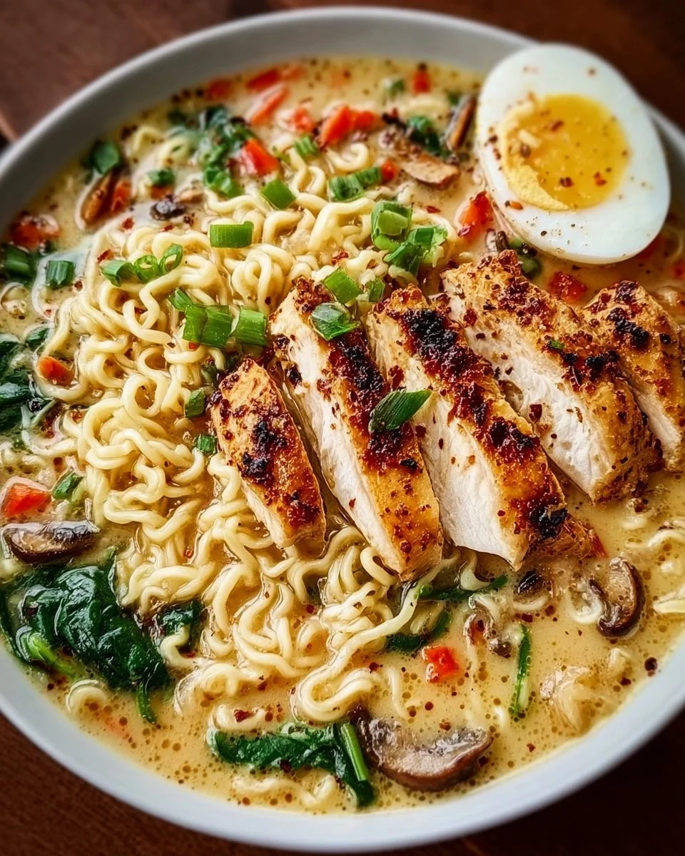 Delicious creamy garlic chicken ramen in a bowl with fresh herbs