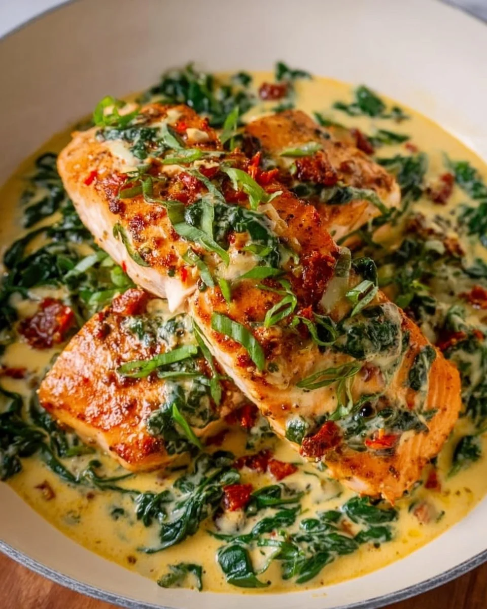 Creamy garlic Tuscan salmon with spinach served on a plate