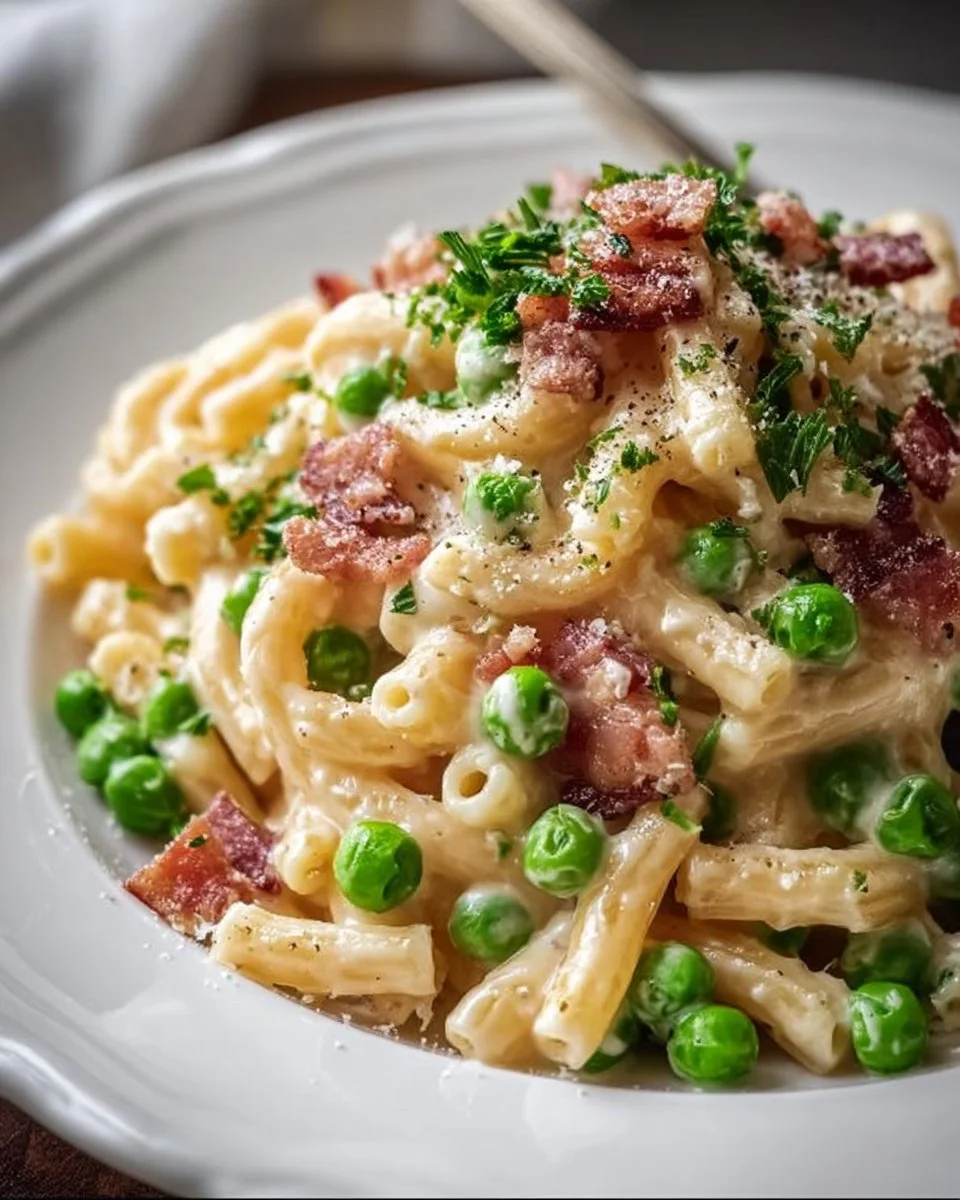 Creamy Pasta with Sweet Peas and Crispy Pancetta