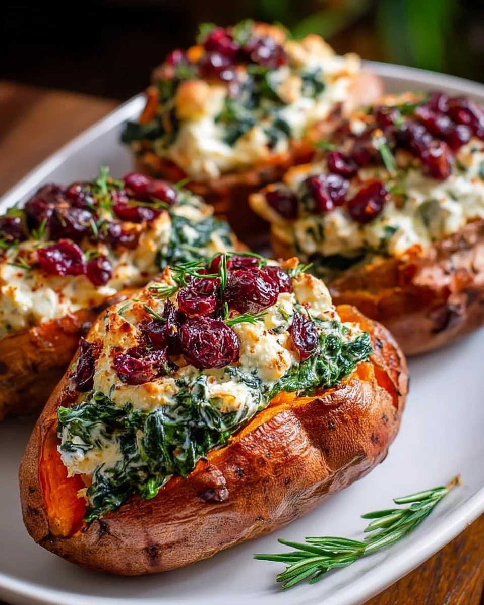 Creamy ricotta and spinach stuffed sweet potatoes with balsamic cranberry glaze