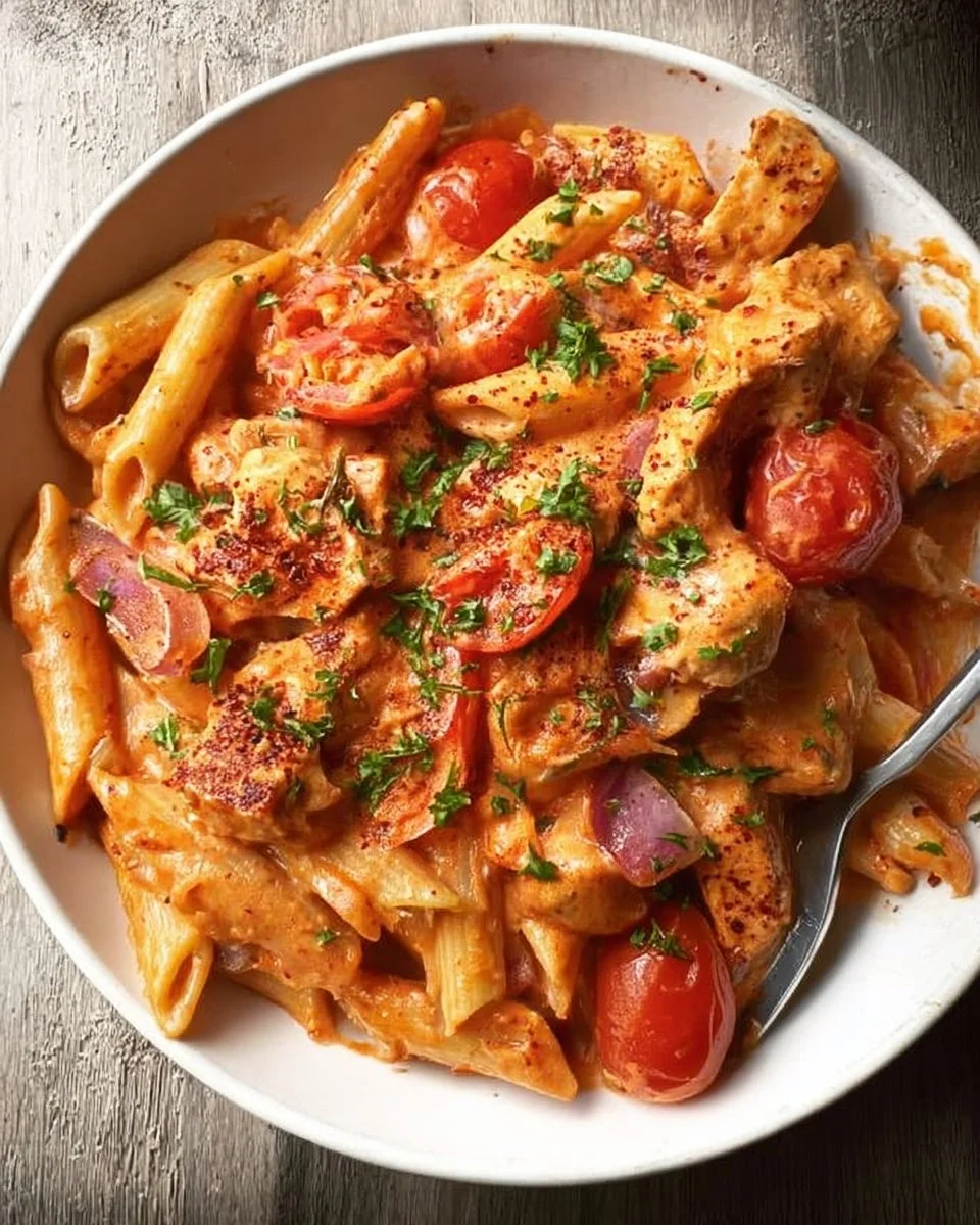 Delicious creamy spicy chicken dish garnished with herbs