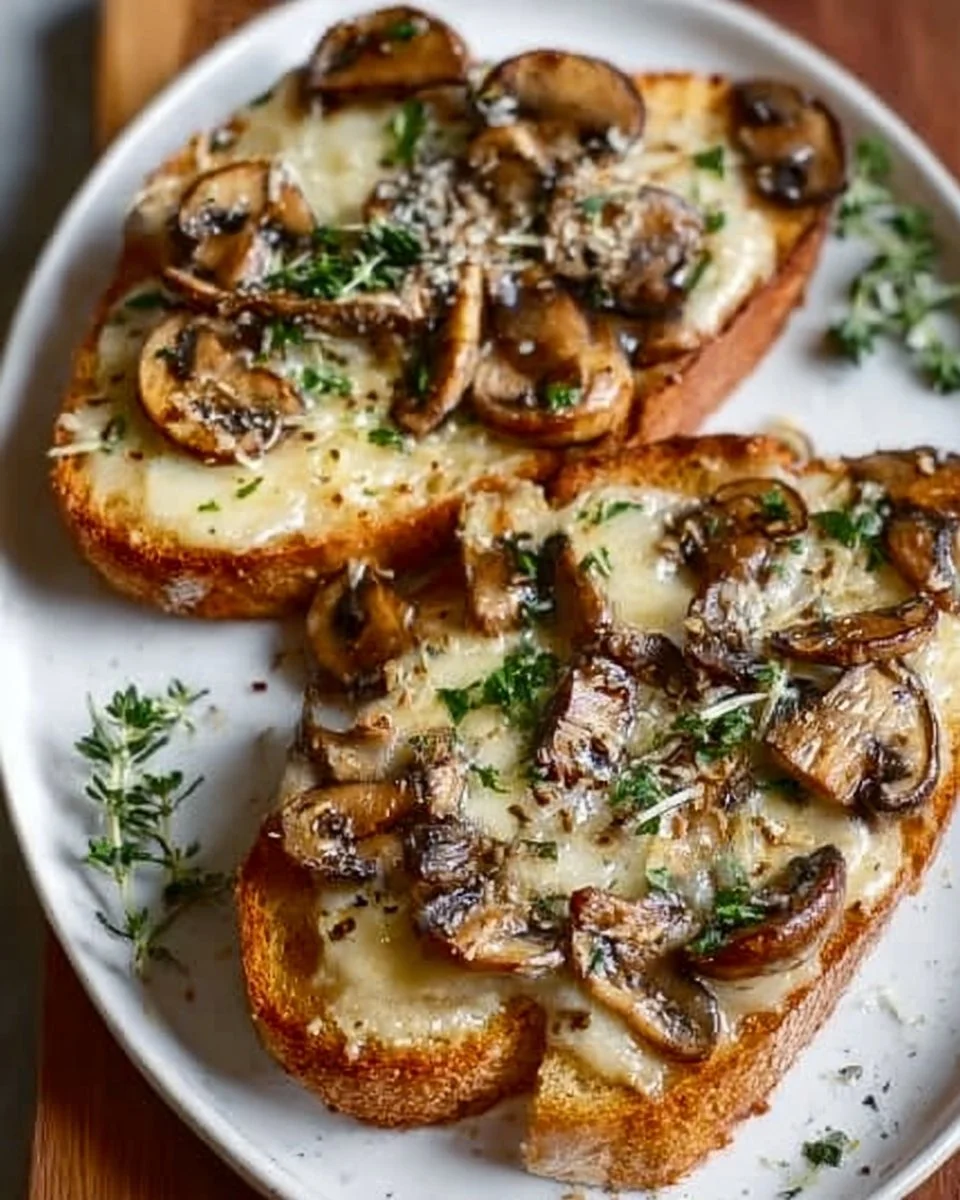 Crispy cheese mushroom garlic toasts served on a wooden platter
