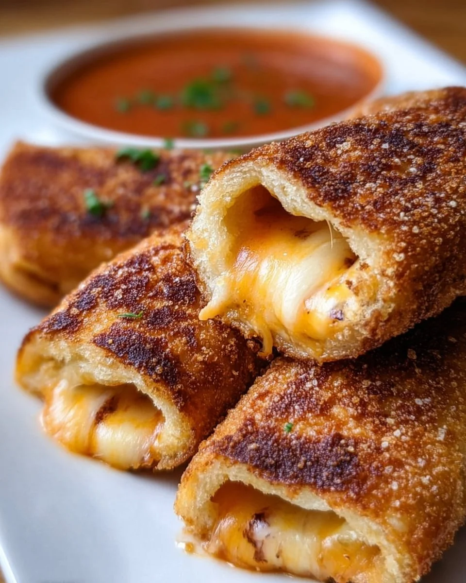 Crispy cheesy roll ups served on a plate with garnishes