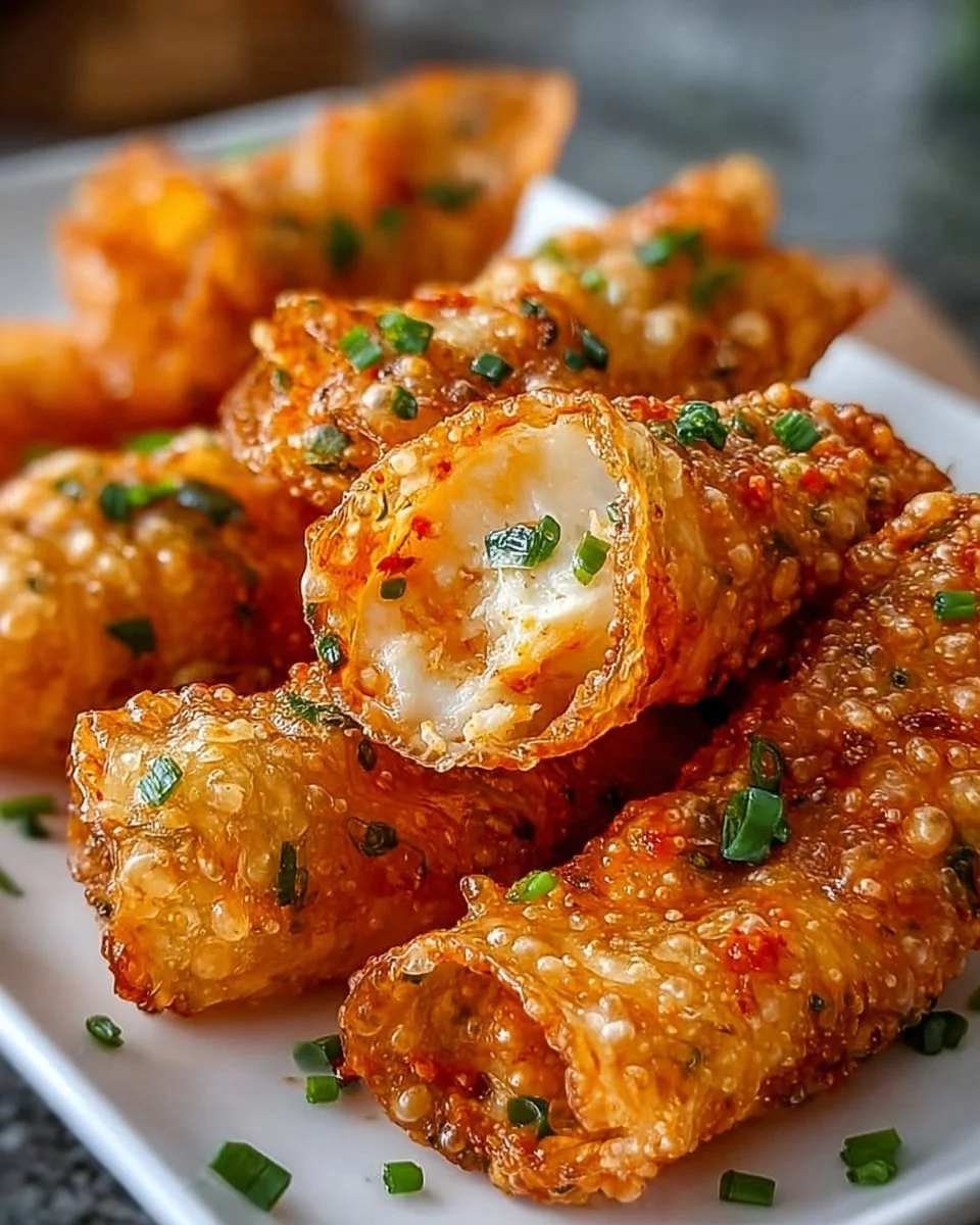Crispy rice paper crab ragoons served on a plate with dipping sauce