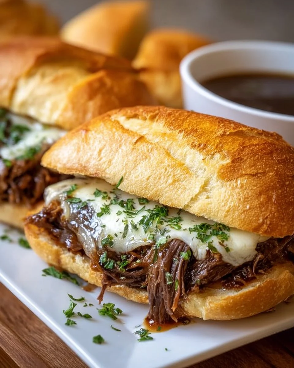 Delicious crockpot French dip sandwiches served with dipping sauce