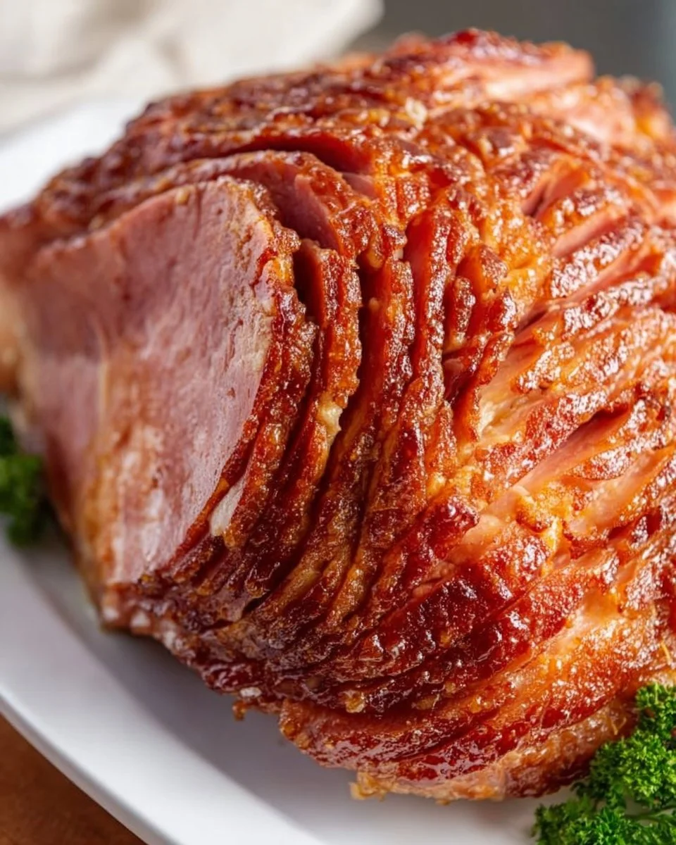 Delicious Crockpot Ham with Glaze on a serving plate