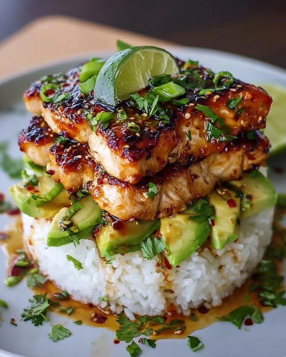Honey Lime Chicken with Avocado Rice Stack topped with fresh herbs