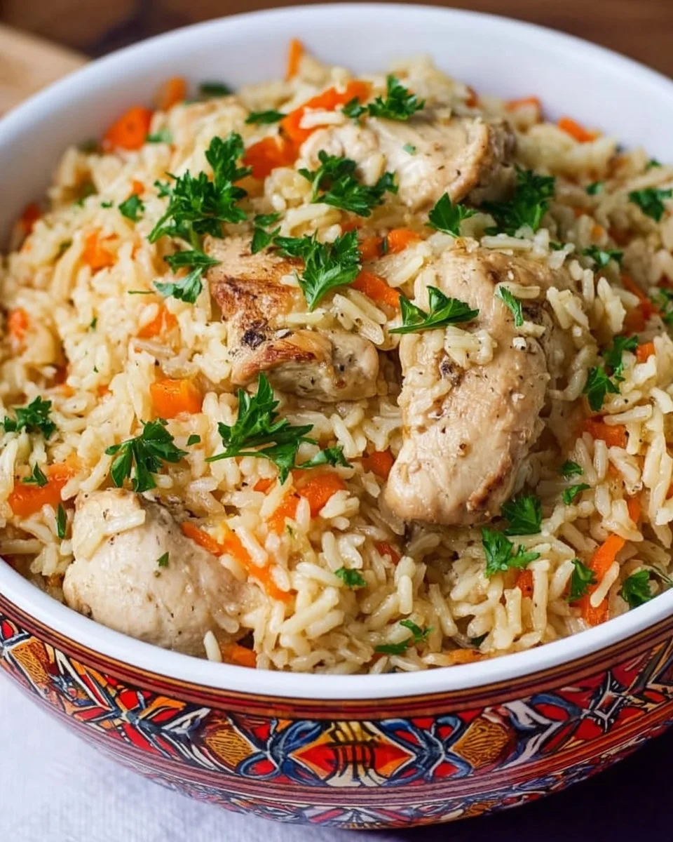 One-pot Ukrainian Chicken Rice Pilaf with colorful vegetables and spices