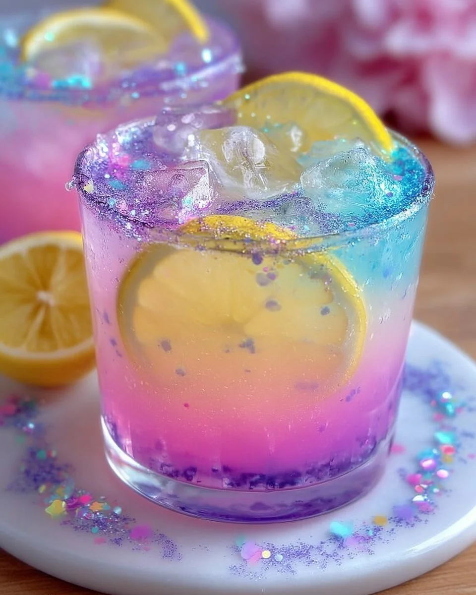 A vibrant glass of Enchanted Unicorn Lemonade with colorful ingredients and decorations.