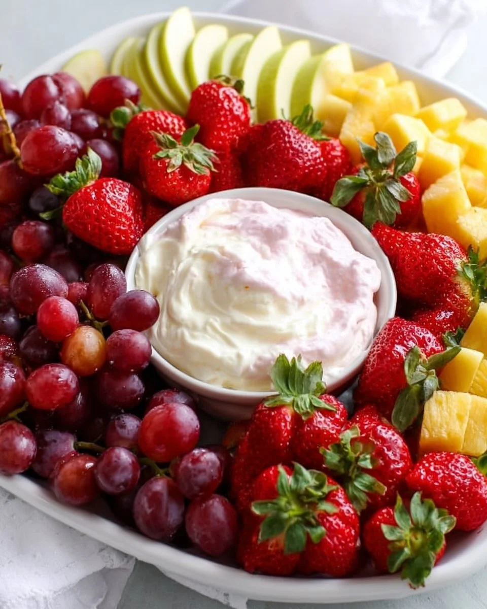 Colorful fruit platter with creamy fruit dip
