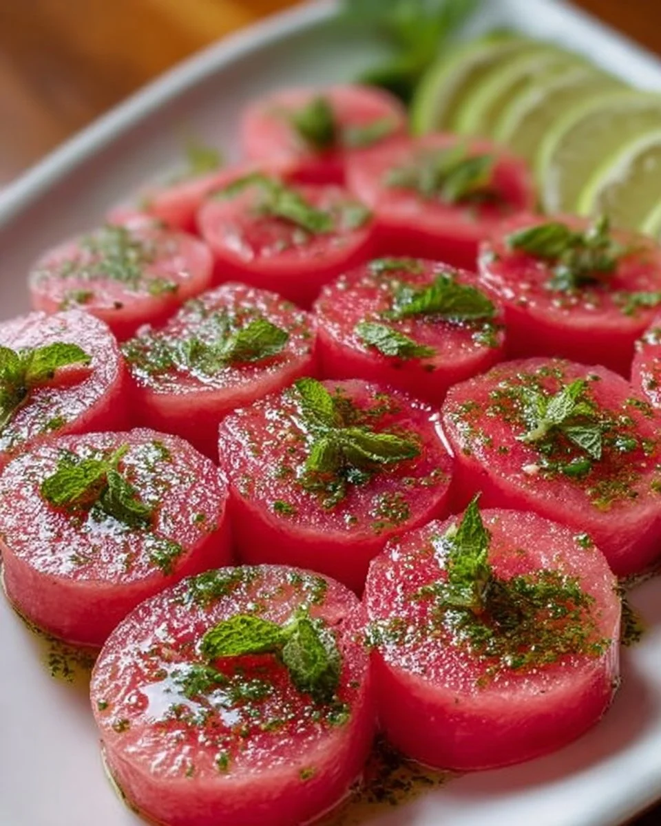 Delicious Watermelon Tequila Twirl Bites served on a platter.