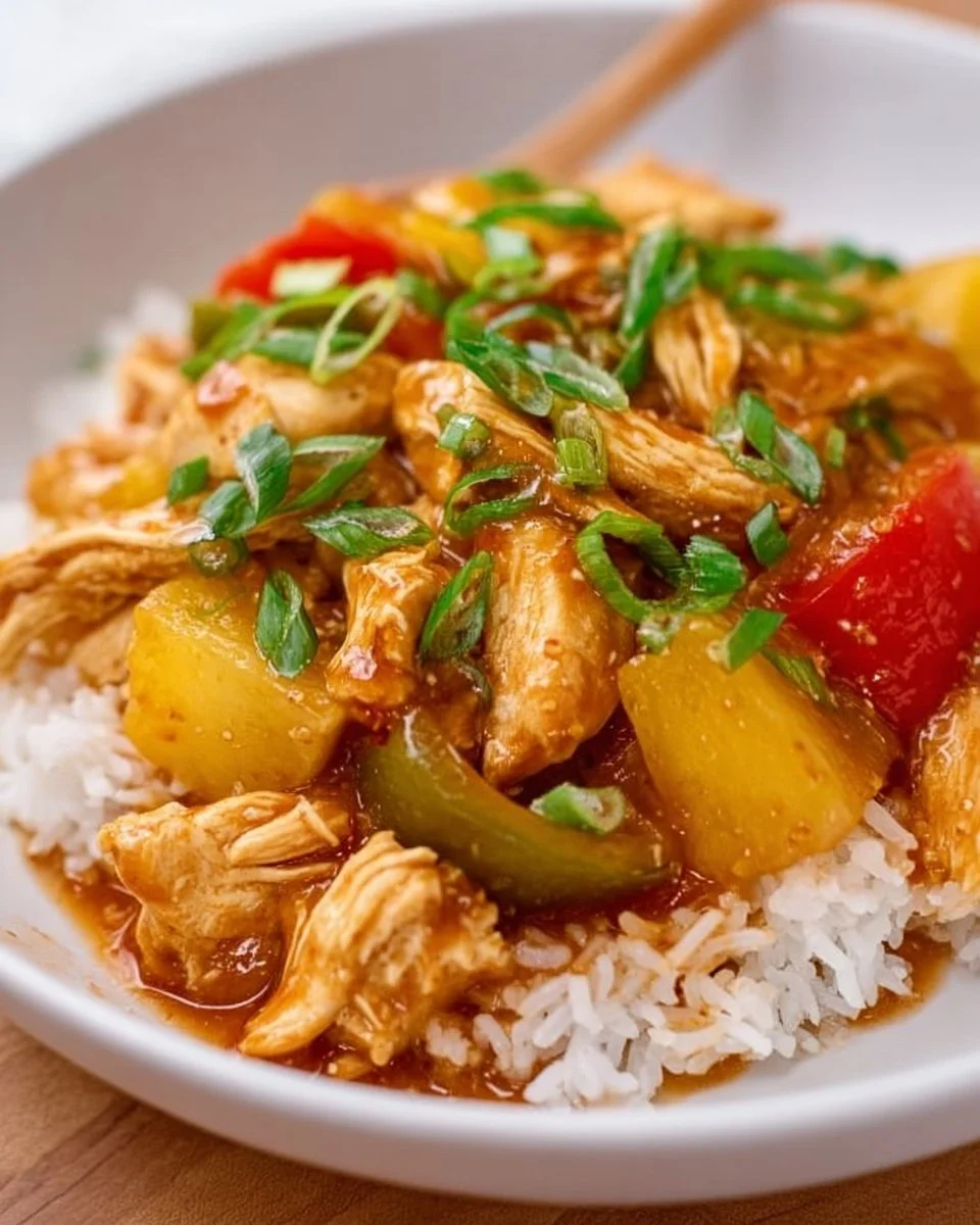 Instant Pot sweet and sour chicken served with rice and vegetables