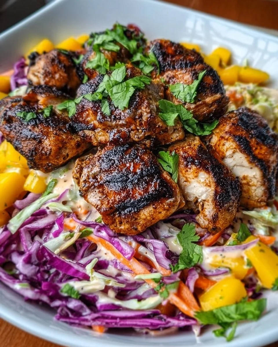 Jerk Chicken &amp; Mango Slaw Bowls with Honey Lime Cream