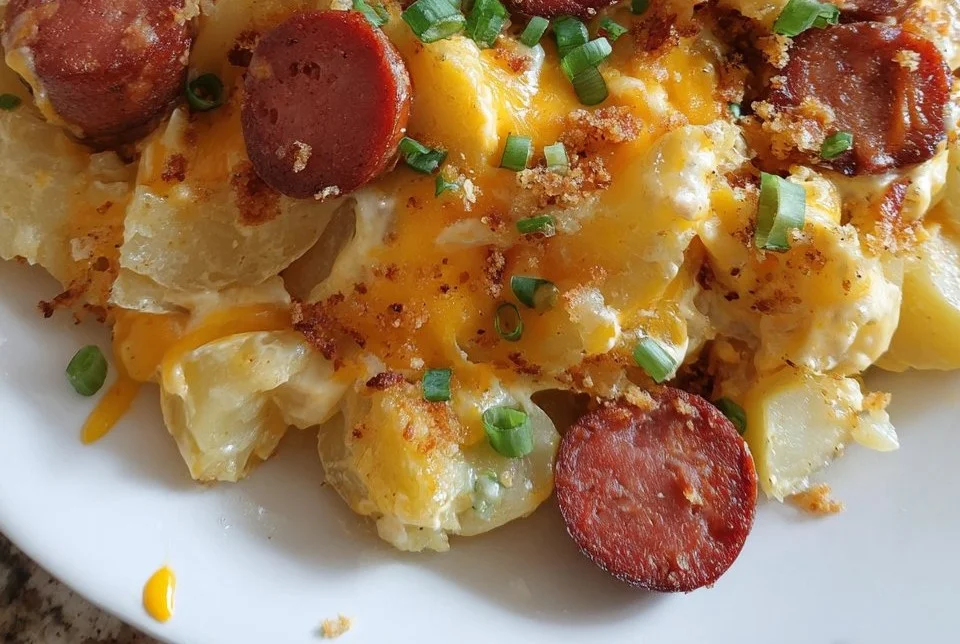 Cheesy potato casserole featuring kielbasa sausage in a baked dish