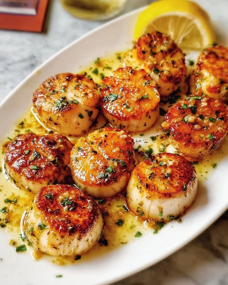 Pan-seared Lemon Butter Scallops garnished with fresh parsley