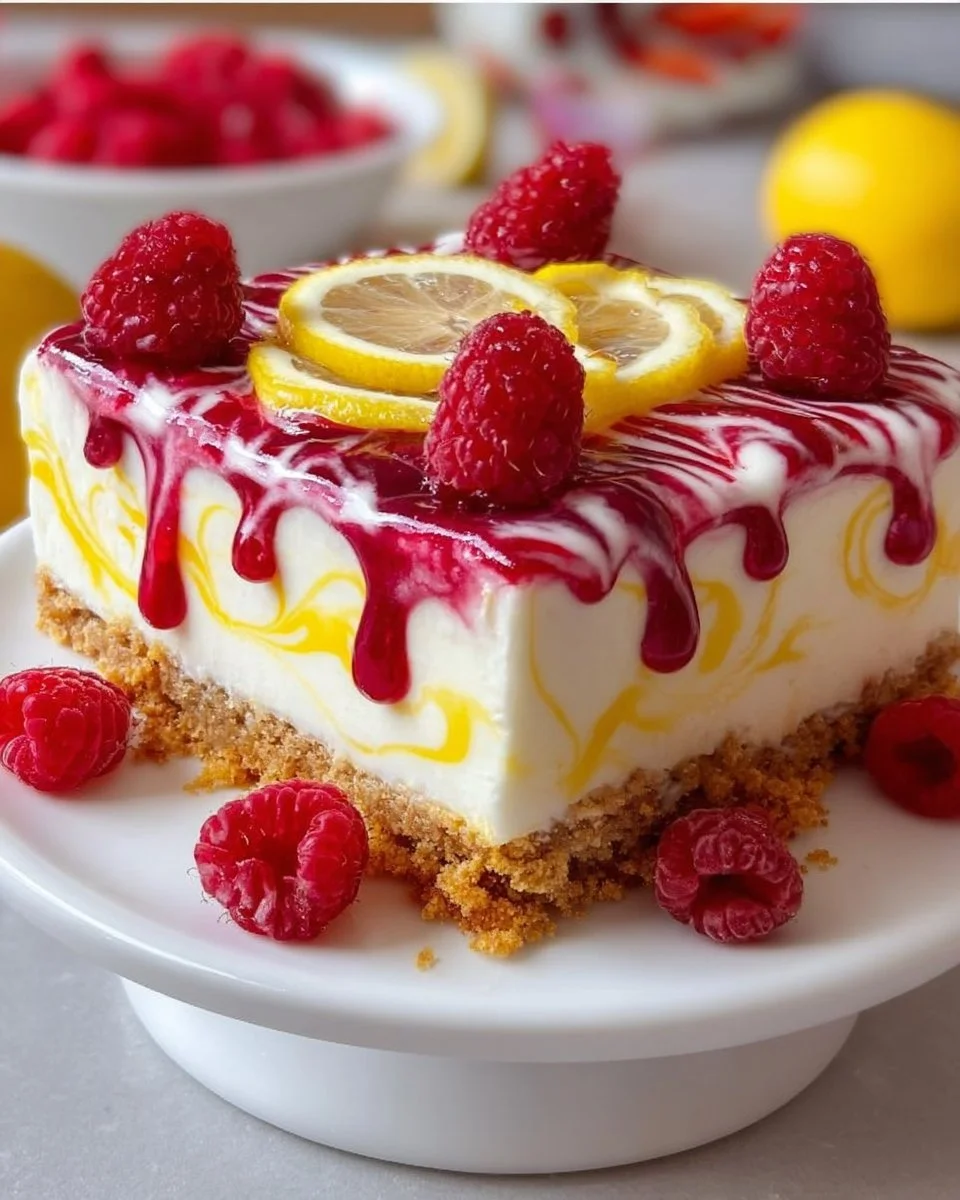 A slice of Lemon Raspberry Delight dessert with vibrant lemon and raspberry layers.