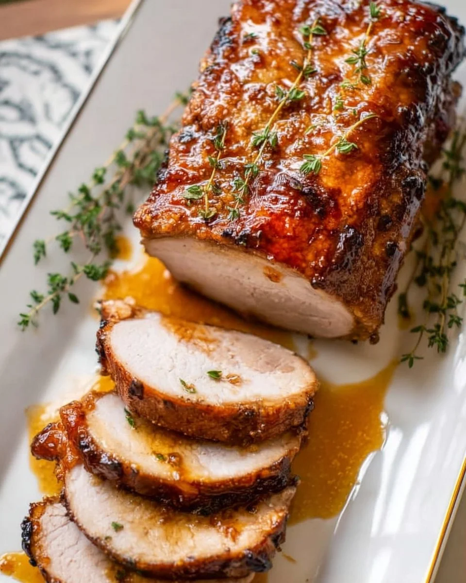 Maple Glazed Roasted Pork Loin garnished and served on a plate