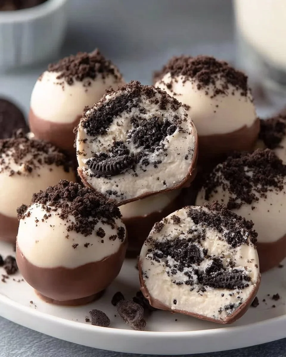 No-bake cookies and cream cheesecake balls on a serving plate