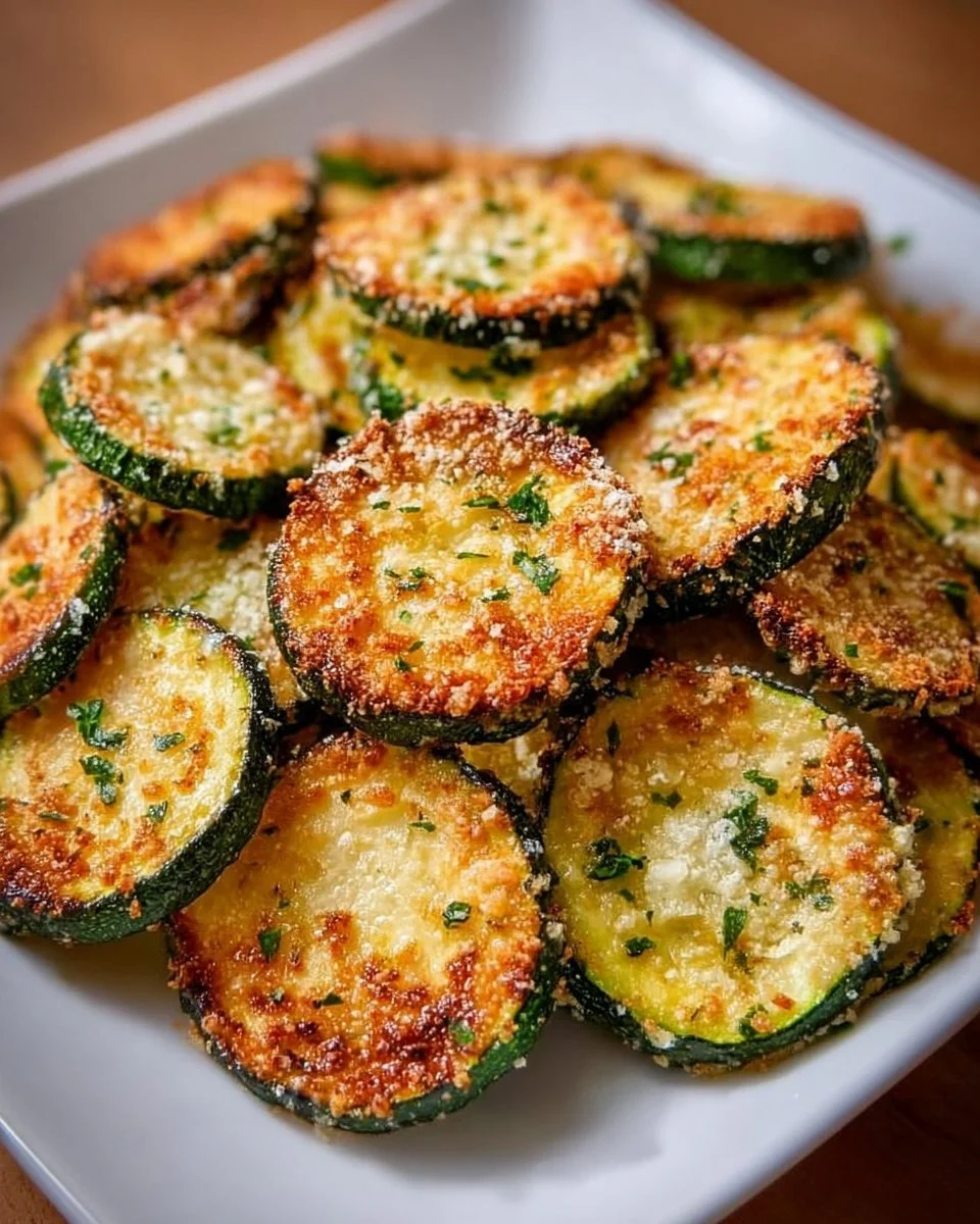 Plate of crispy oven-baked zucchini chips seasoned and ready to eat