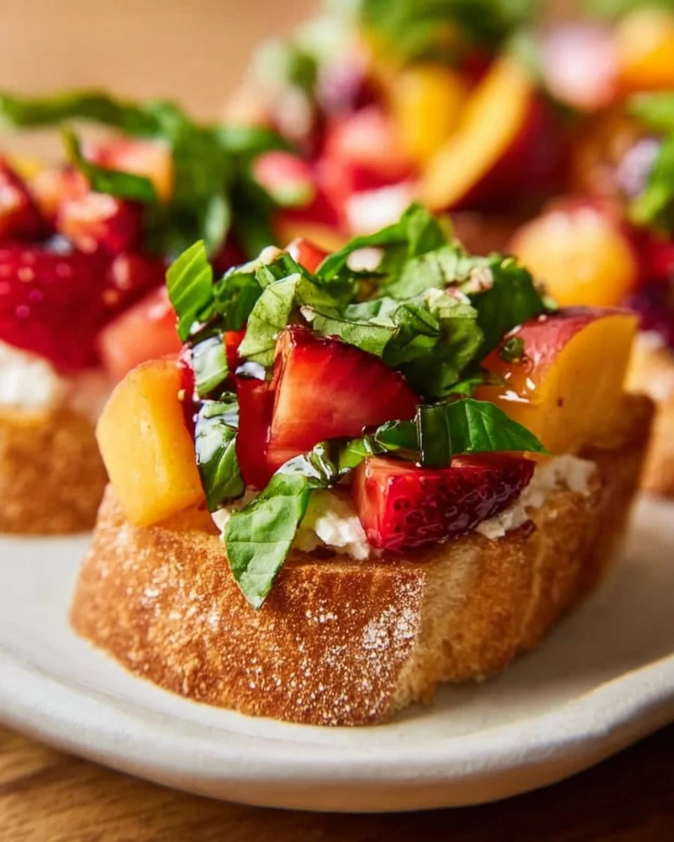 Delicious Peach Strawberry Bruschetta topped with fresh fruit and herbs