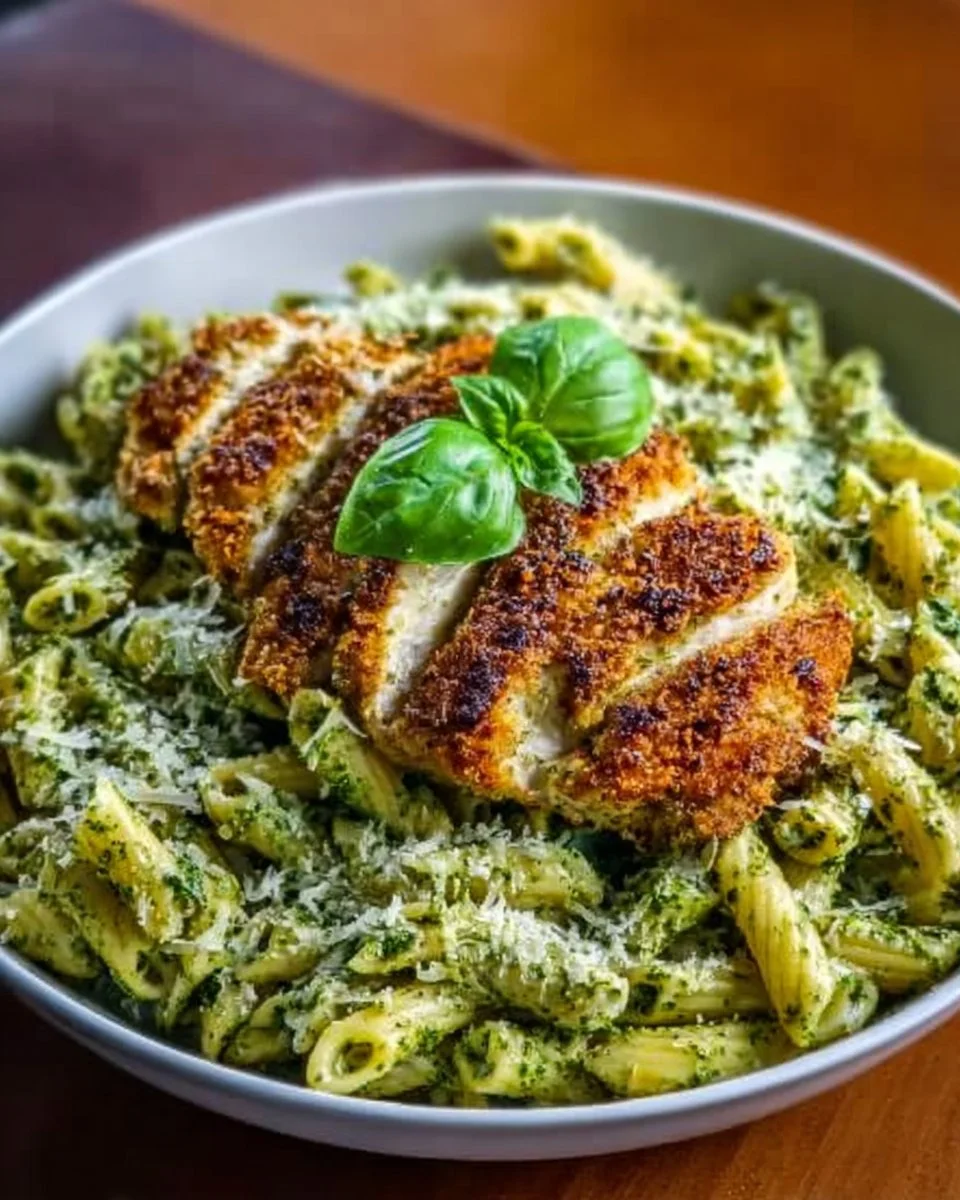 Pesto Pasta with Crispy Parmesan Chicken