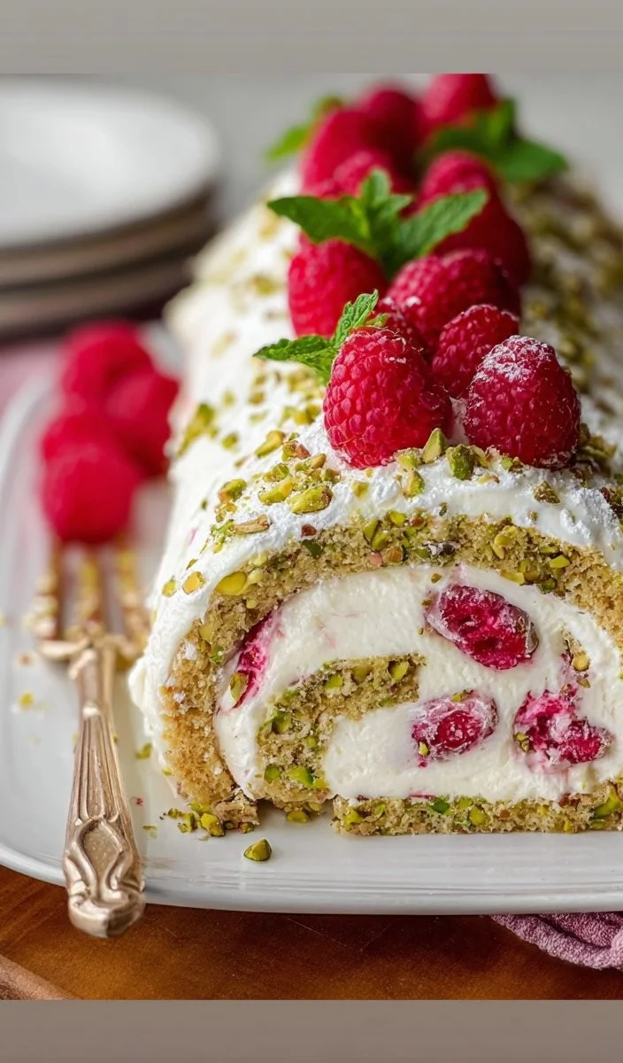 Pistachio Raspberry Swiss Roll Cake Recipe (video)