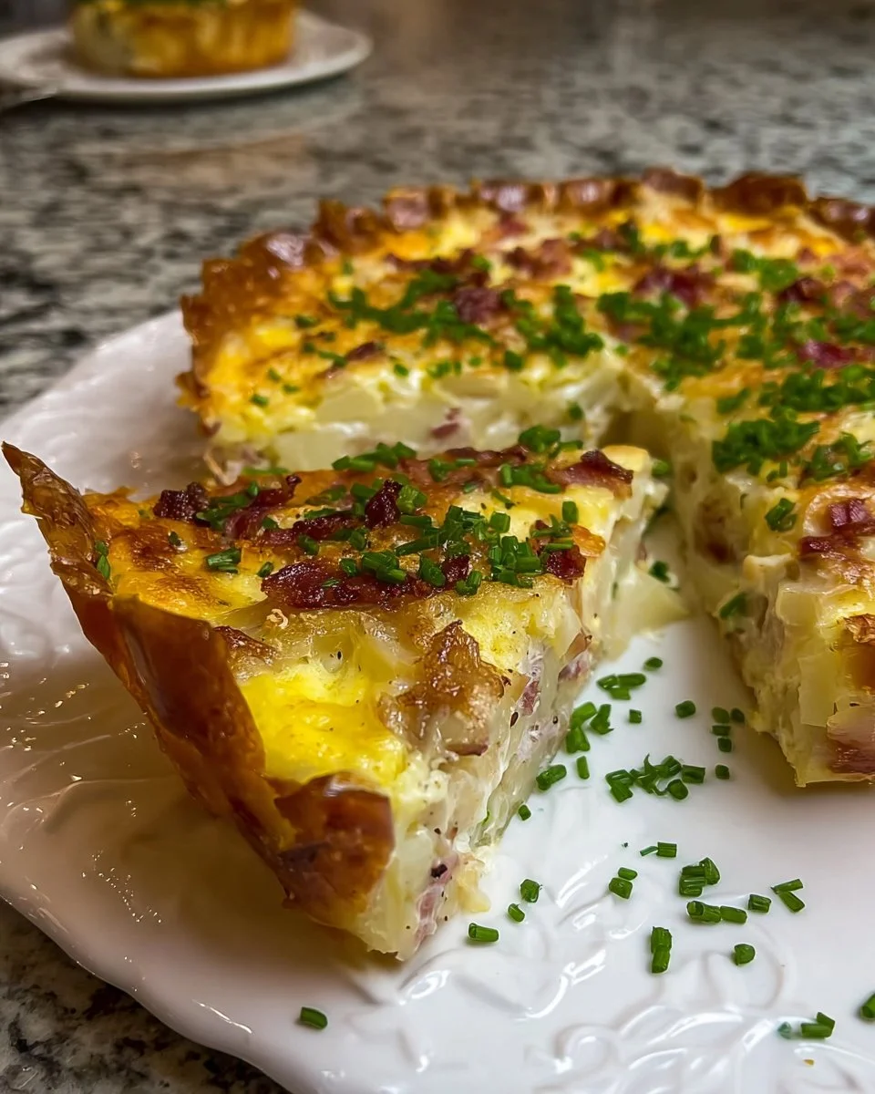 Potato Tart with Leeks, Bacon, Onion, Eggs, and Cheese