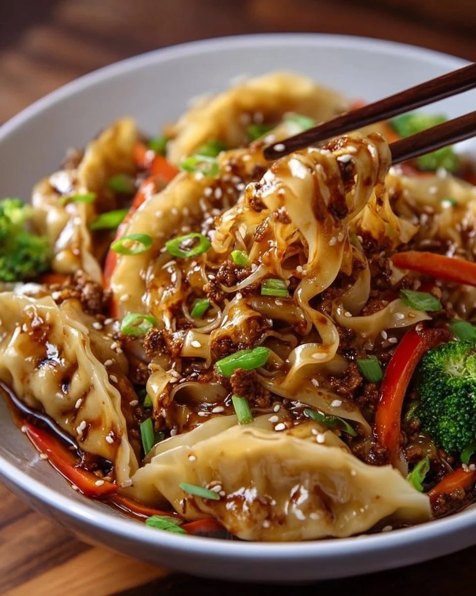Delicious potsticker noodle bowls ready to enjoy with vibrant ingredients