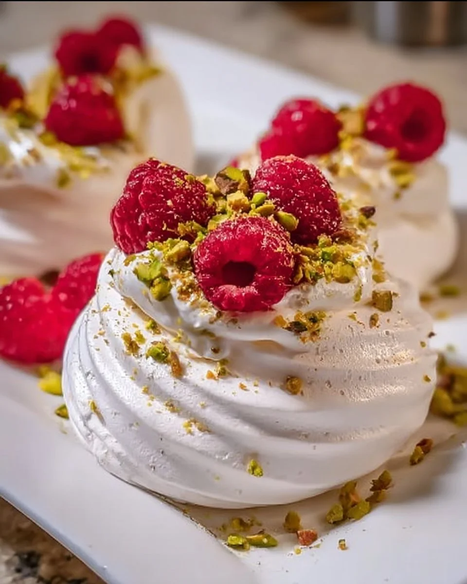 Raspberry Pistachio Mini Pavlovas Recipe (video)