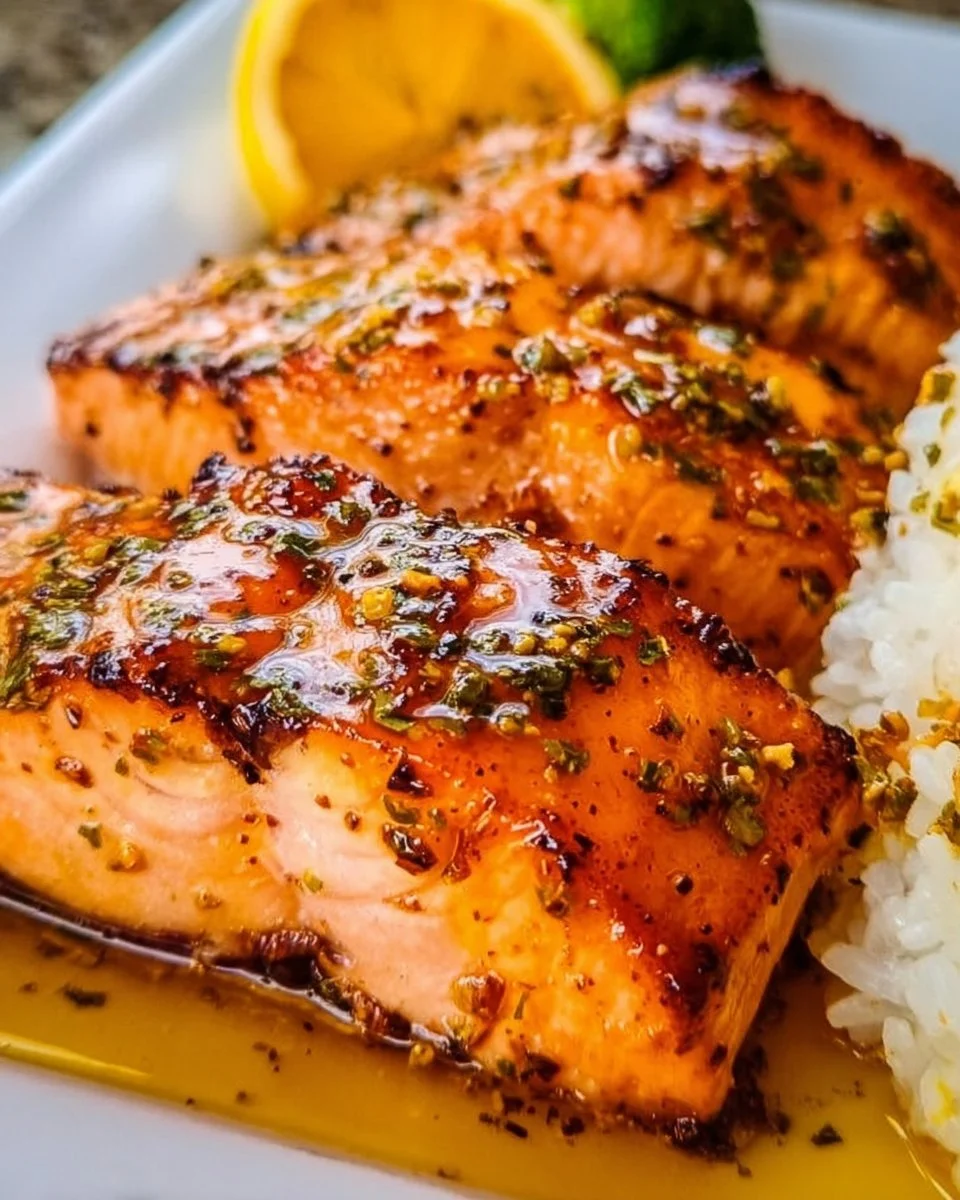Delicious salmon fillet glazed with hot honey sauce on a plate