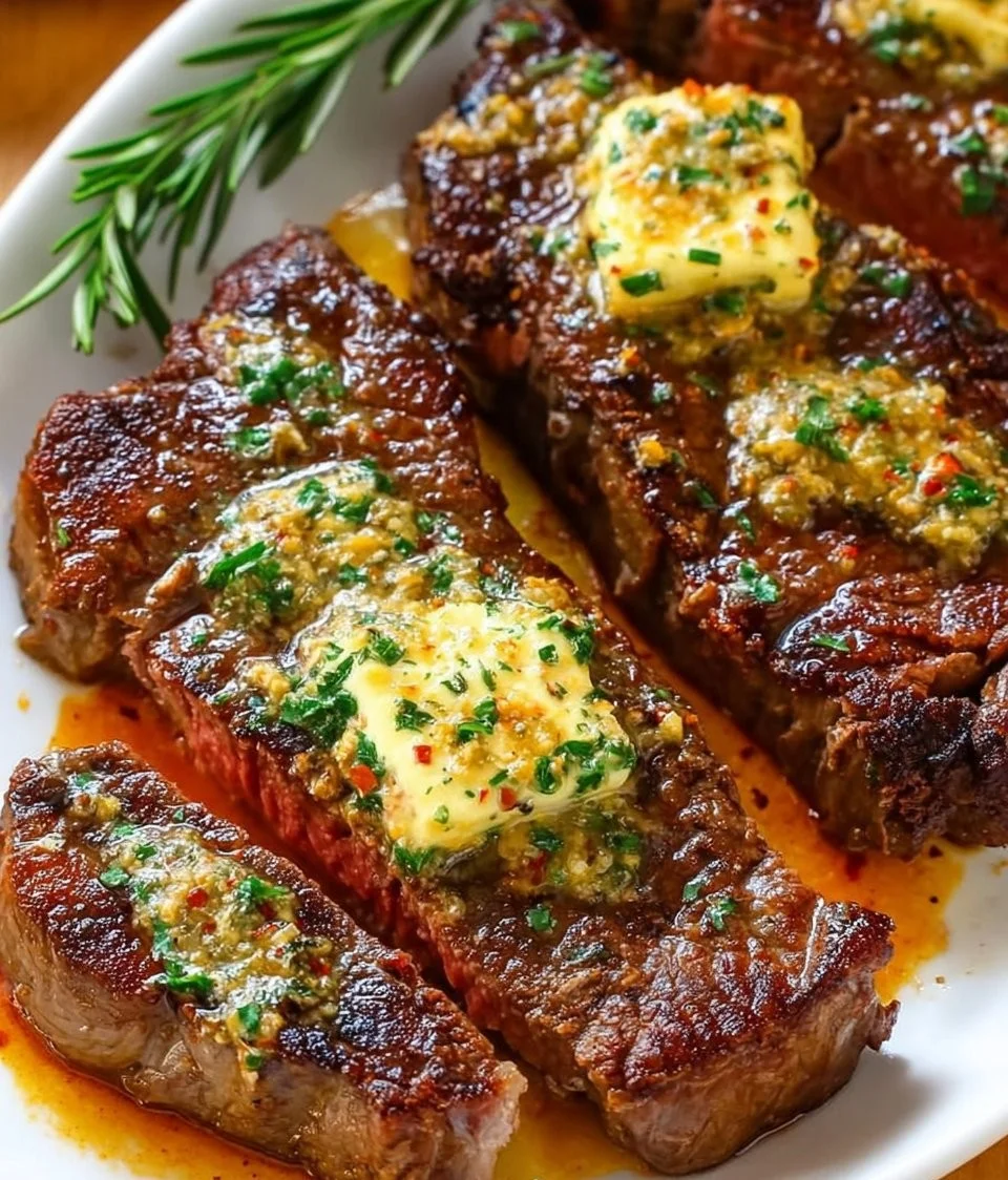 Delicious Cowboy Butter Steak served on a plate with herbs and sides
