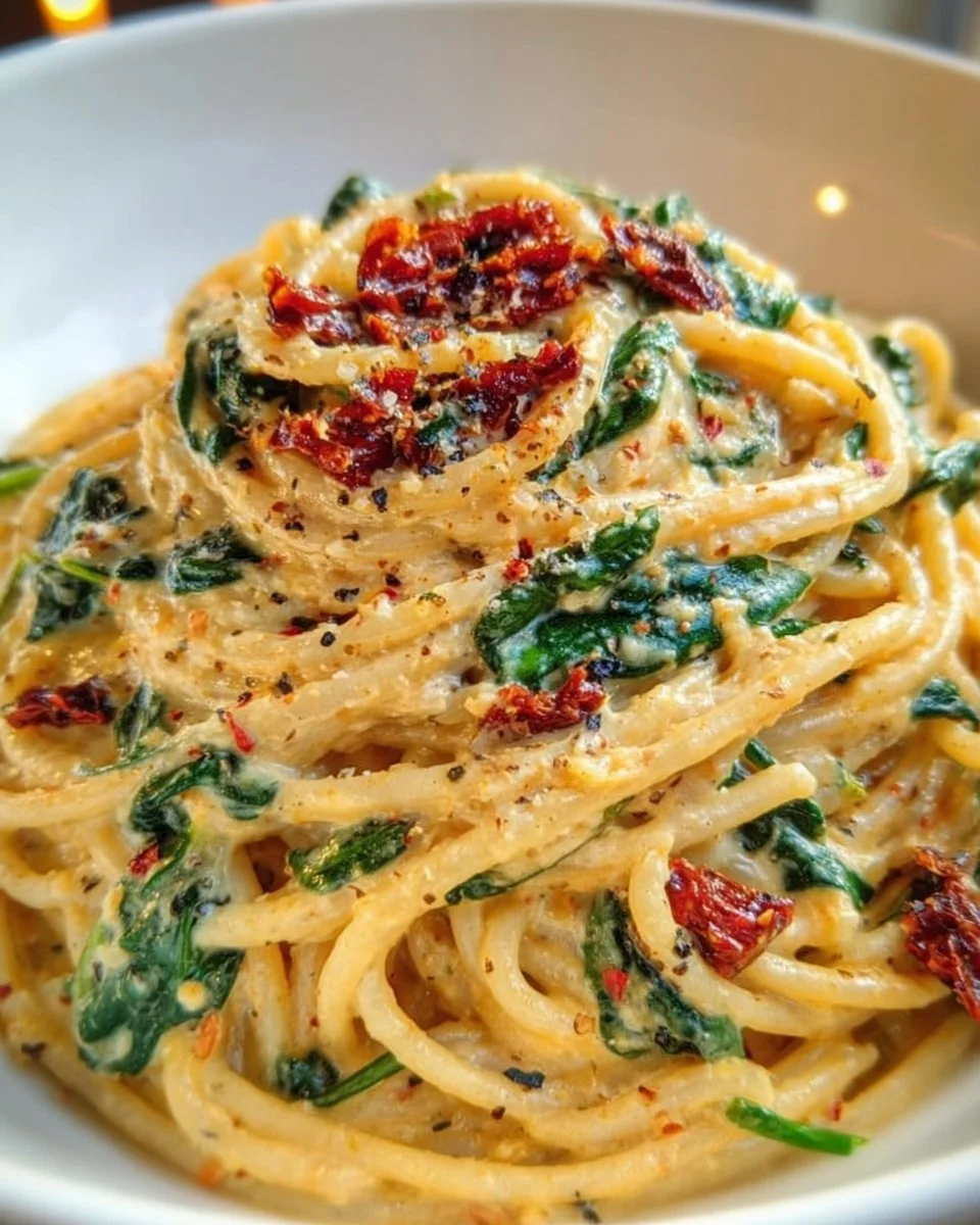 Spaghetti &amp; Spinach with Sun-Dried Tomato Cream Sauce
